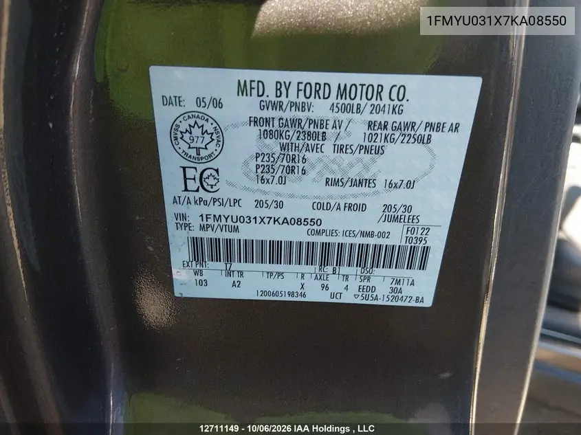 2007 FORD ESCAPE VIN 1FMYU031X7KA08550 — фото 9