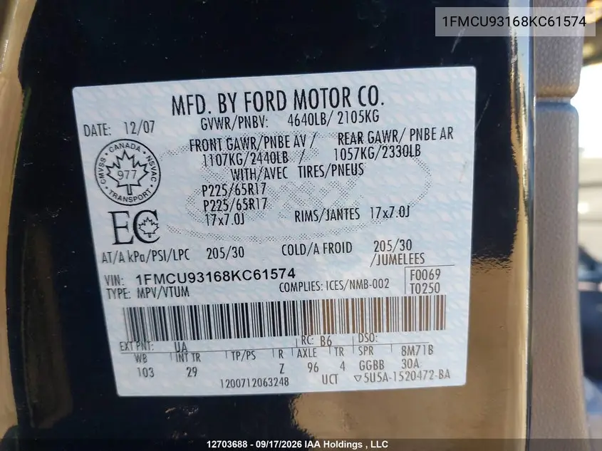 2008 FORD ESCAPE VIN 1FMCU93168KC61574 — фото 9