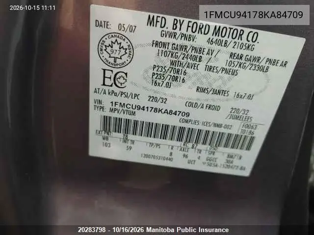 2008 FORD ESCAPE VIN 1FMCU94178KA84709 — фото 9