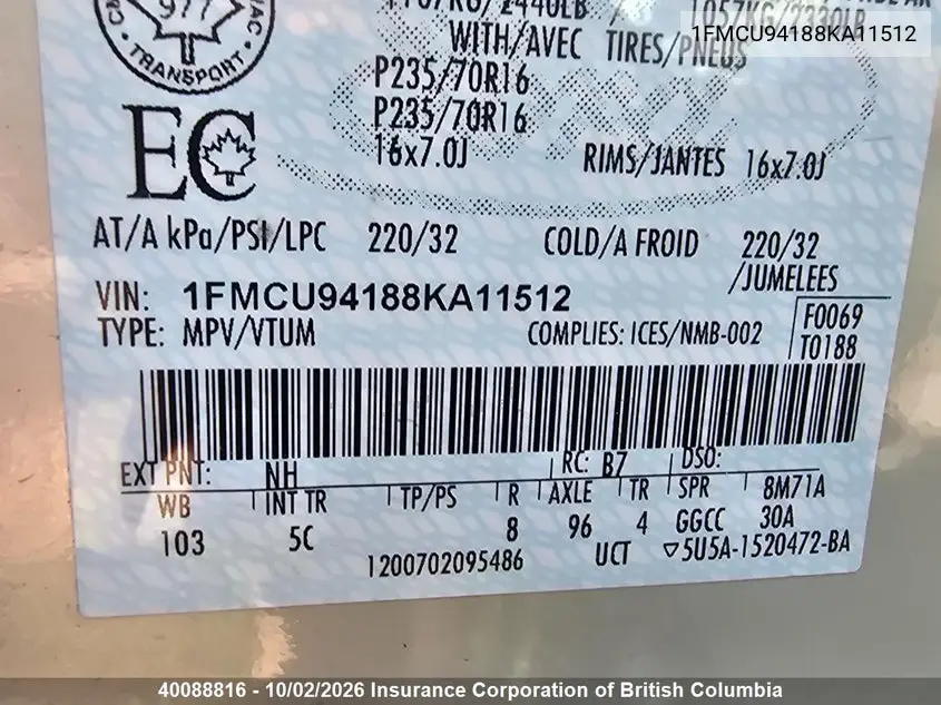2008 FORD ESCAPE VIN 1FMCU94188KA11512 — фото 13