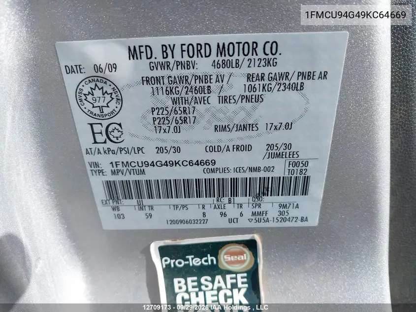 2009 FORD ESCAPE VIN 1FMCU94G49KC64669 — фото 10