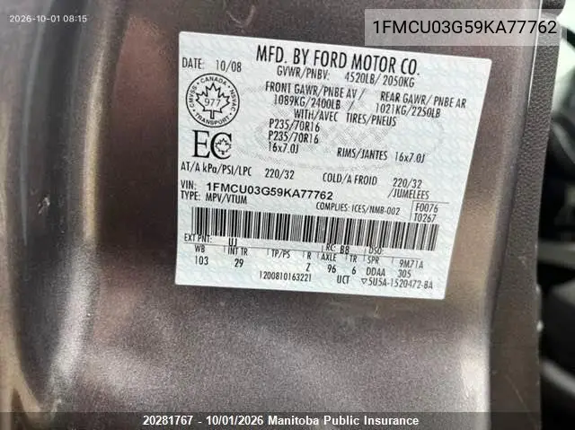 2009 FORD ESCAPE VIN 1FMCU03G59KA77762 — фото 9