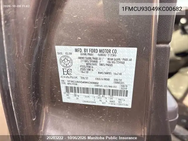 2009 FORD ESCAPE VIN 1FMCU93G49KC00682 — фото 9