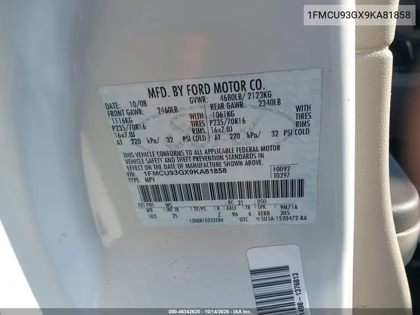 2009 FORD ESCAPE VIN 1FMCU93GX9KA81858 — фото 9