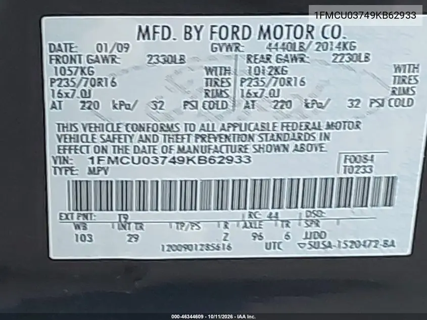 2009 FORD ESCAPE VIN 1FMCU03749KB62933 — фото 9