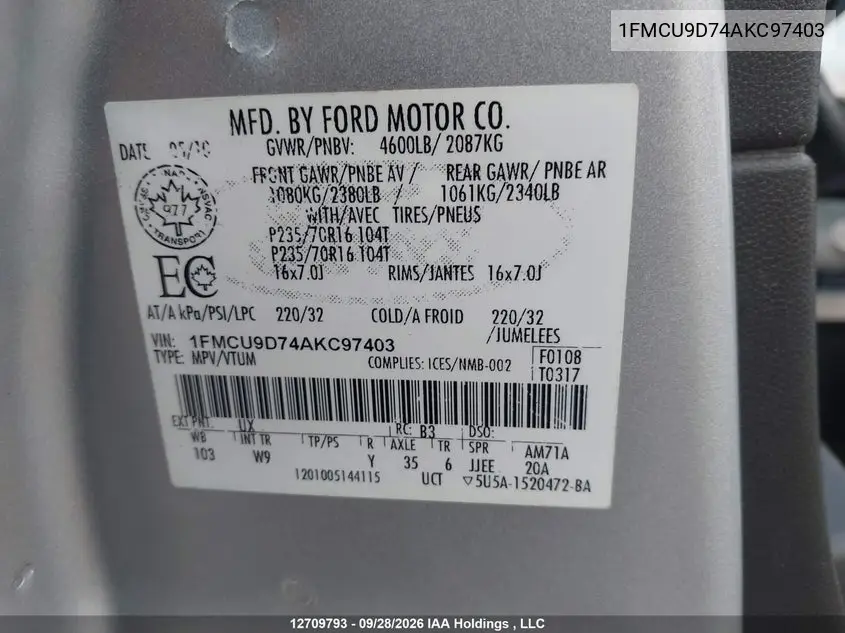 2010 FORD ESCAPE VIN 1FMCU9D74AKC97403 — фото 9
