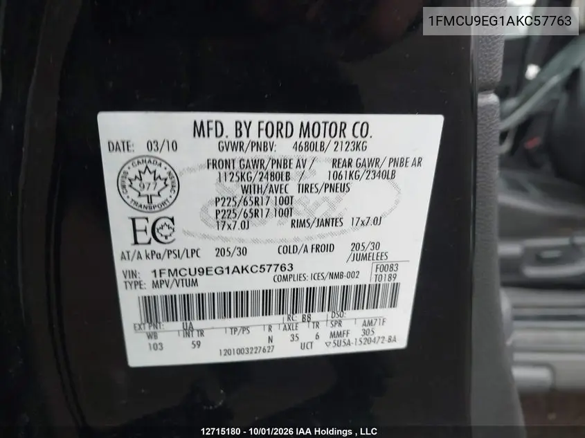 2010 FORD ESCAPE VIN 1FMCU9EG1AKC57763 — фото 15