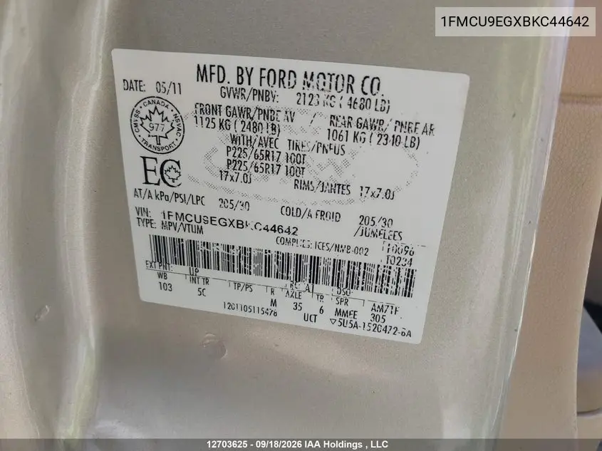 2011 FORD ESCAPE VIN 1FMCU9EGXBKC44642 — фото 17
