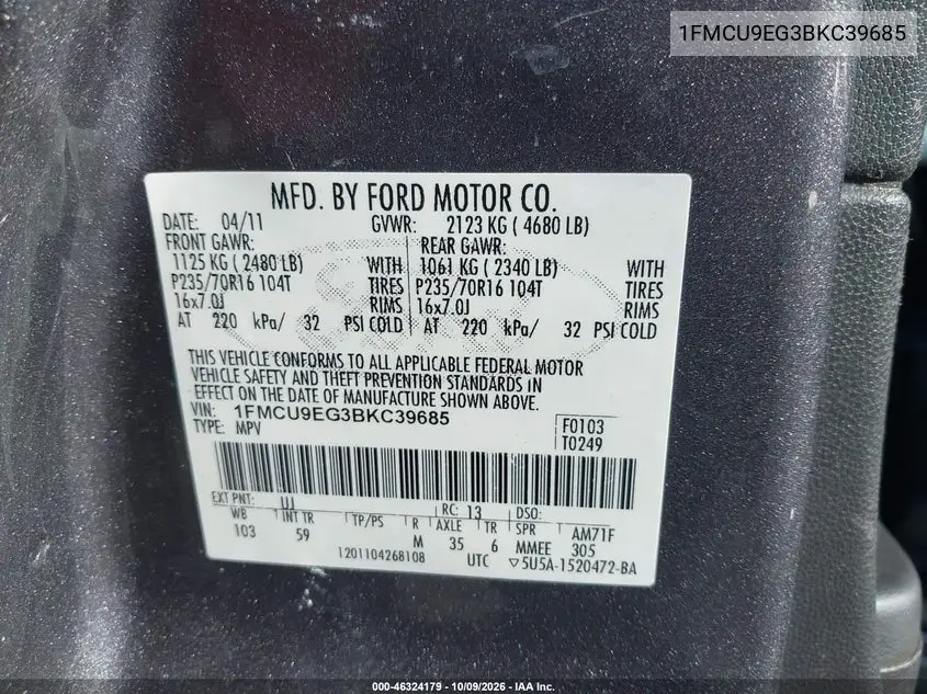 2011 FORD ESCAPE VIN 1FMCU9EG3BKC39685 — фото 9