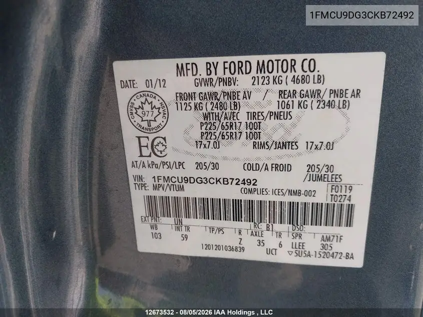 2012 FORD ESCAPE VIN 1FMCU9DG3CKB72492 — фото 21