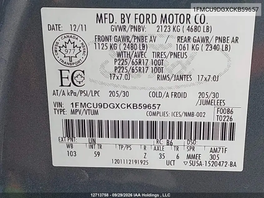 2012 FORD ESCAPE VIN 1FMCU9DGXCKB59657 — фото 9