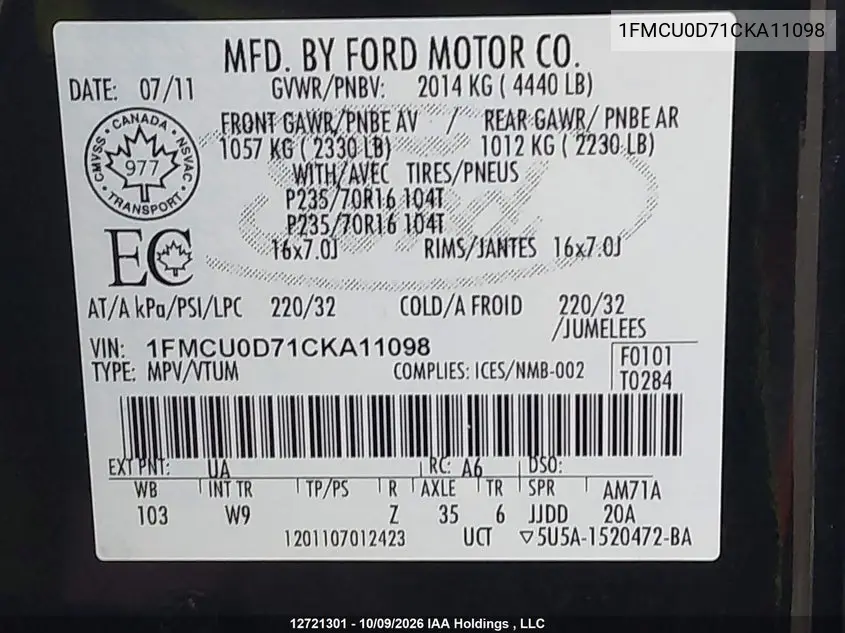 2012 FORD ESCAPE VIN 1FMCU0D71CKA11098 — фото 9