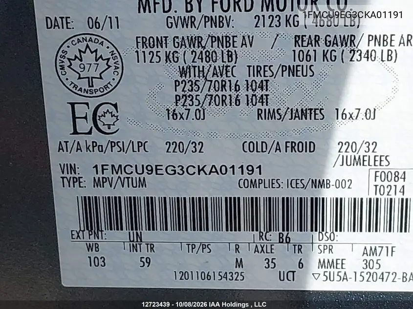 2012 FORD ESCAPE VIN 1FMCU9EG3CKA01191 — фото 9