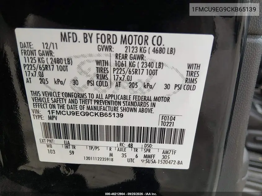 2012 FORD ESCAPE VIN 1FMCU9EG9CKB65139 — фото 10