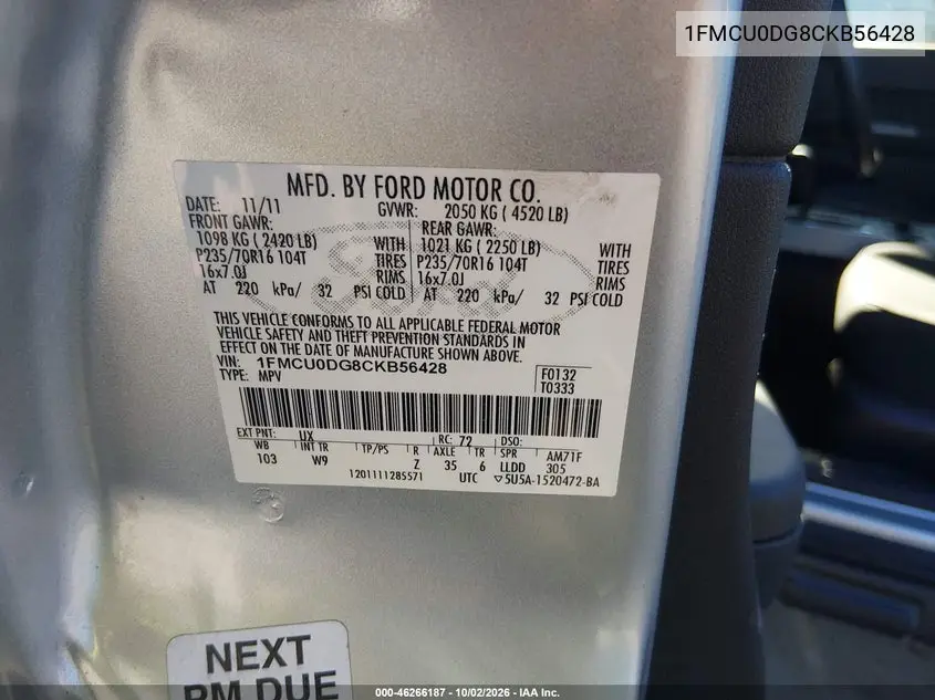 2012 FORD ESCAPE VIN 1FMCU0DG8CKB56428 — фото 9