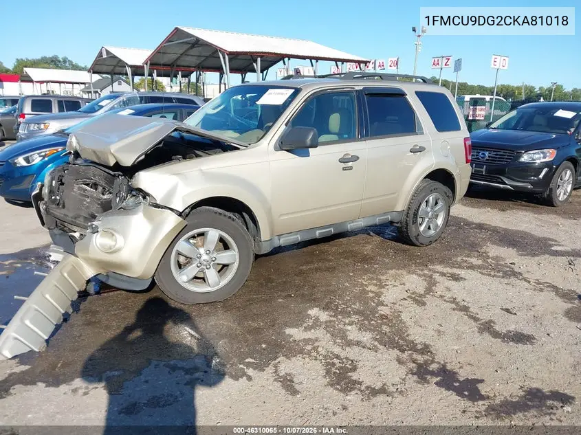 2012 FORD ESCAPE VIN 1FMCU9DG2CKA81018 — фото 2