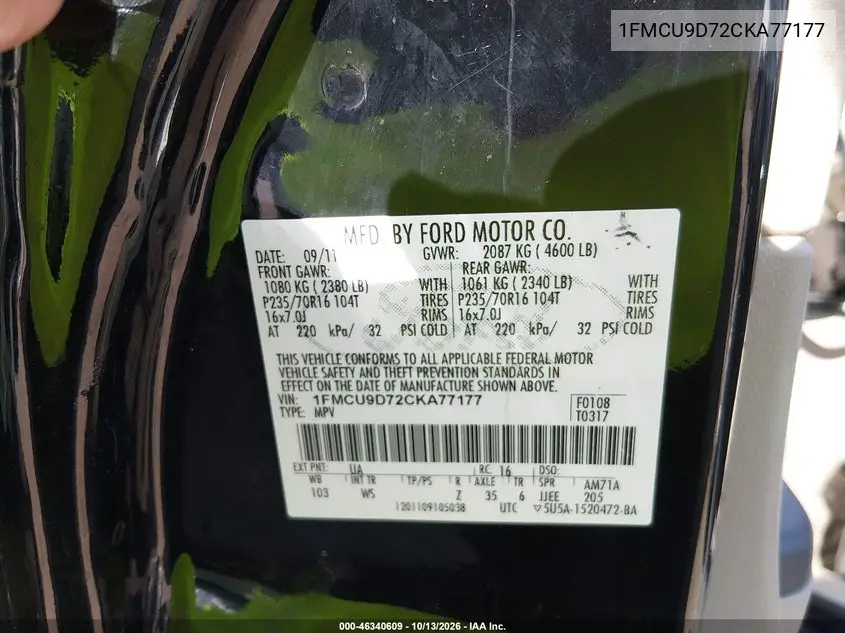 2012 FORD ESCAPE VIN 1FMCU9D72CKA77177 — фото 9