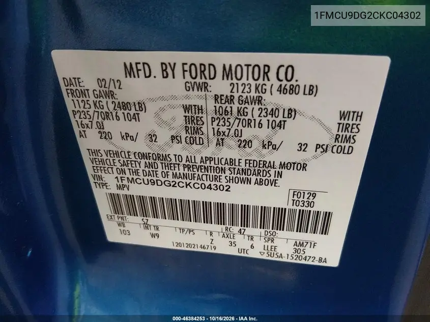 2012 FORD ESCAPE VIN 1FMCU9DG2CKC04302 — фото 9