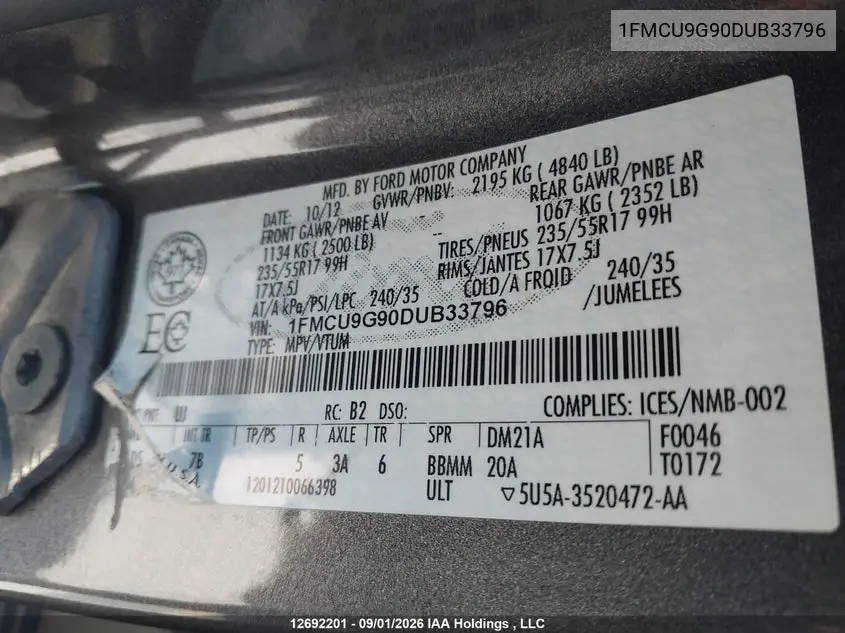 2013 FORD ESCAPE VIN 1FMCU9G90DUB33796 — фото 18