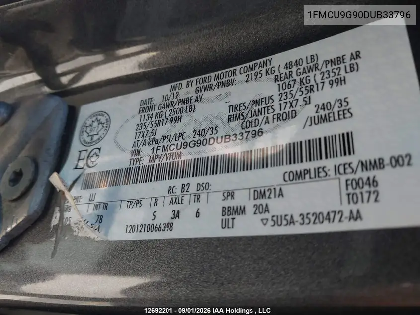 2013 FORD ESCAPE VIN 1FMCU9G90DUB33796 — фото 9
