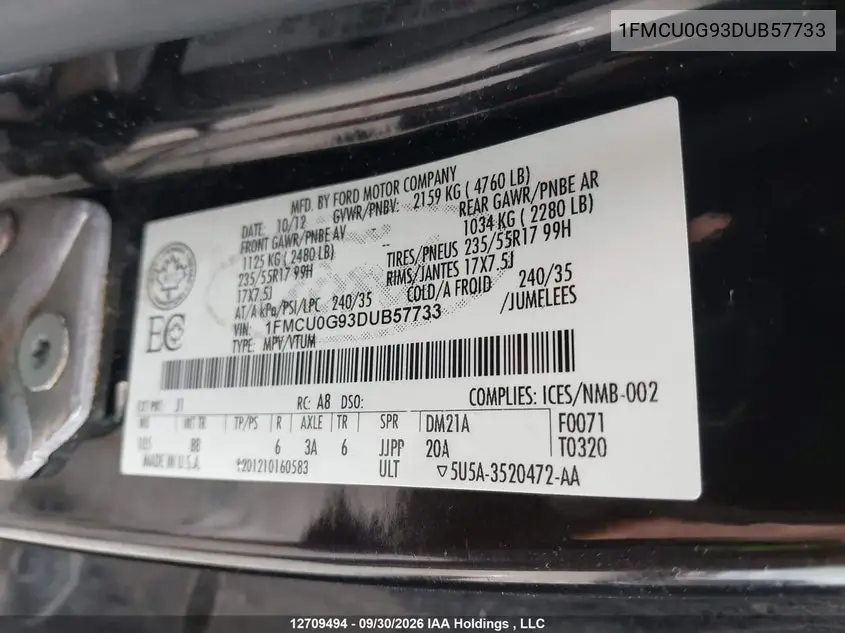 2013 FORD ESCAPE VIN 1FMCU0G93DUB57733 — фото 9