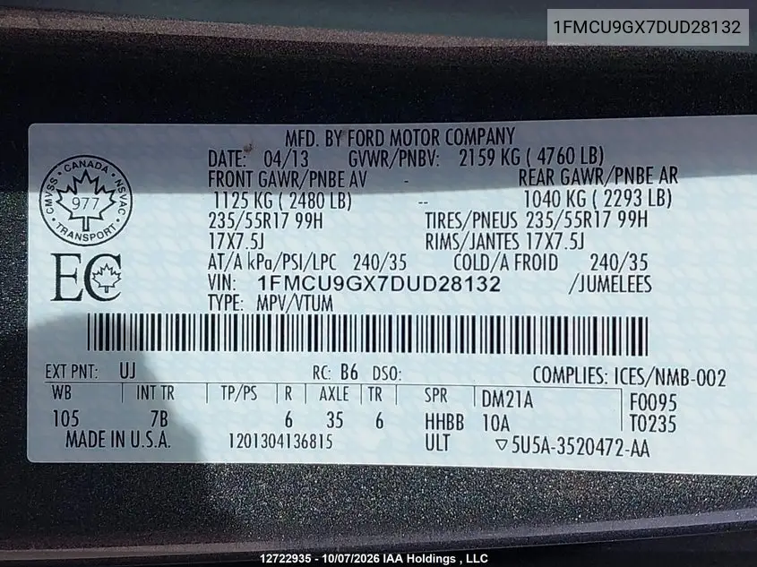 2013 FORD ESCAPE VIN 1FMCU9GX7DUD28132 — фото 9