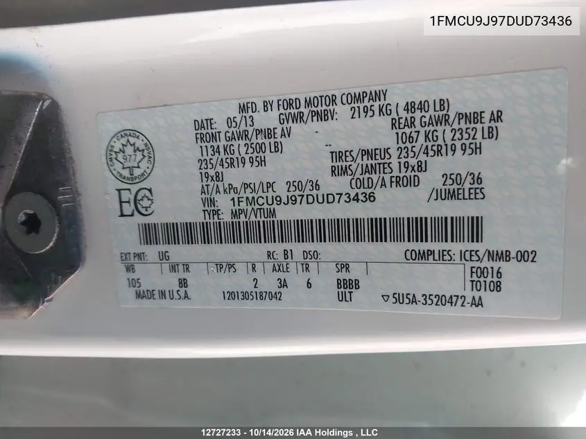 2013 FORD ESCAPE VIN 1FMCU9J97DUD73436 — фото 9