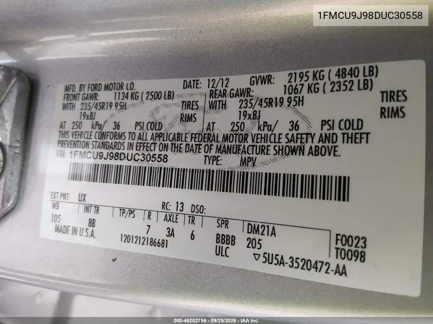 2013 FORD ESCAPE VIN 1FMCU9J98DUC30558 — фото 9