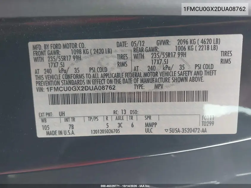 2013 FORD ESCAPE VIN 1FMCU0GX2DUA08762 — фото 9
