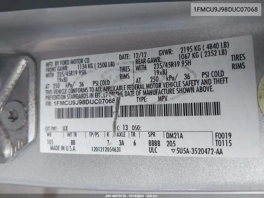 2013 FORD ESCAPE VIN 1FMCU9J98DUC07068 — фото 9