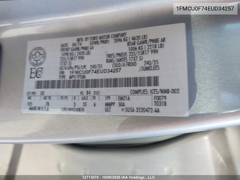 2014 FORD ESCAPE VIN 1FMCU0F74EUD34257 — фото 18