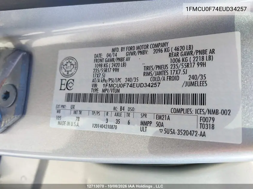 2014 FORD ESCAPE VIN 1FMCU0F74EUD34257 — фото 9