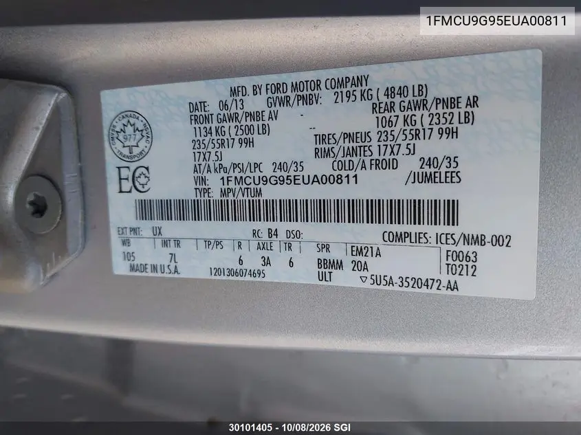 2014 FORD ESCAPE VIN 1FMCU9G95EUA00811 — фото 9