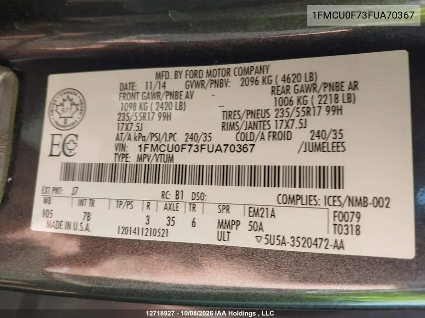 2015 FORD ESCAPE VIN 1FMCU0F73FUA70367 — фото 9