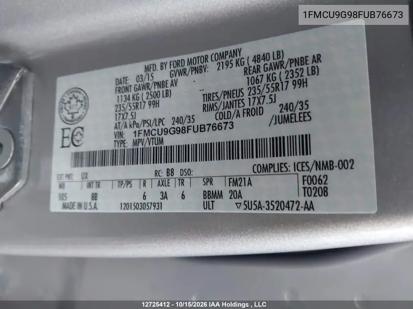2015 FORD ESCAPE VIN 1FMCU9G98FUB76673 — фото 9