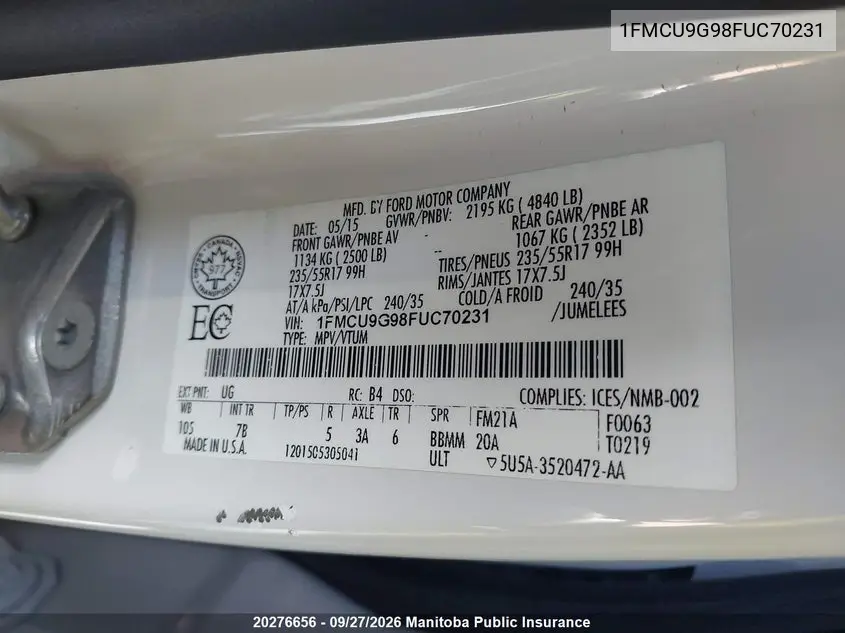 2015 FORD ESCAPE VIN 1FMCU9G98FUC70231 — фото 8