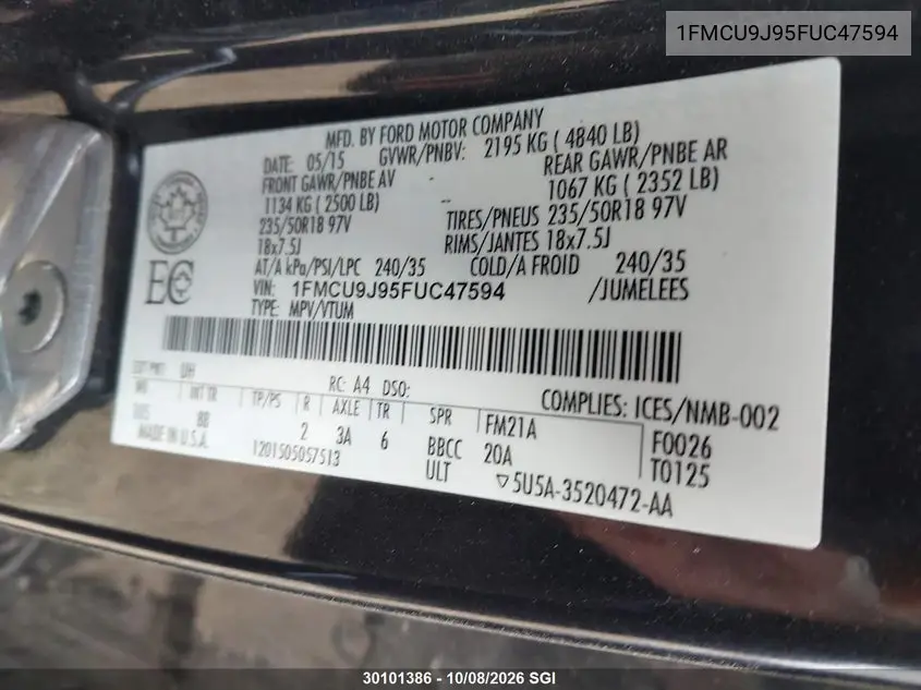 2015 FORD ESCAPE VIN 1FMCU9J95FUC47594 — фото 9