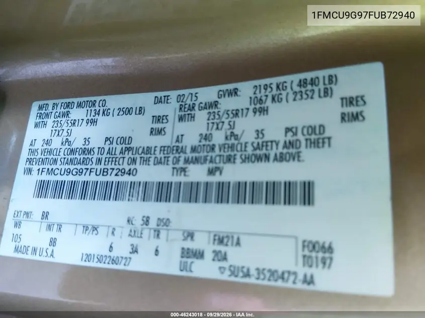 2015 FORD ESCAPE VIN 1FMCU9G97FUB72940 — фото 9