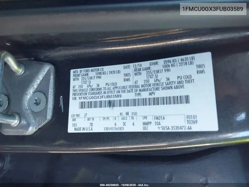 2015 FORD ESCAPE VIN 1FMCU0GX3FUB03589 — фото 9