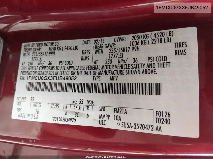 2015 FORD ESCAPE VIN 1FMCU0GX3FUB49052 — фото 9