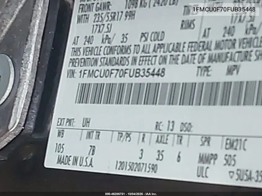 2015 FORD ESCAPE VIN 1FMCU0F70FUB35448 — фото 9