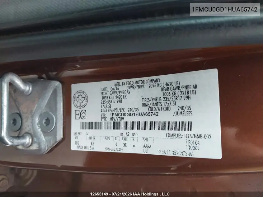 2017 FORD ESCAPE VIN 1FMCU0GD1HUA65742 — фото 18