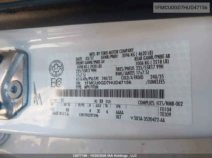 2017 FORD ESCAPE VIN 1FMCU0GD7HUD47156 — фото 9