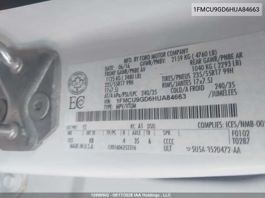 2017 FORD ESCAPE VIN 1FMCU9GD6HUA84663 — фото 9