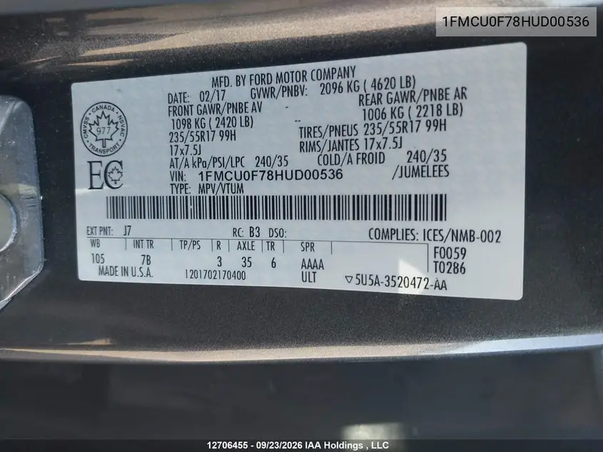 2017 FORD ESCAPE VIN 1FMCU0F78HUD00536 — фото 9