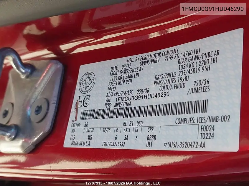 2017 FORD ESCAPE VIN 1FMCU0G91HUD46290 — фото 9
