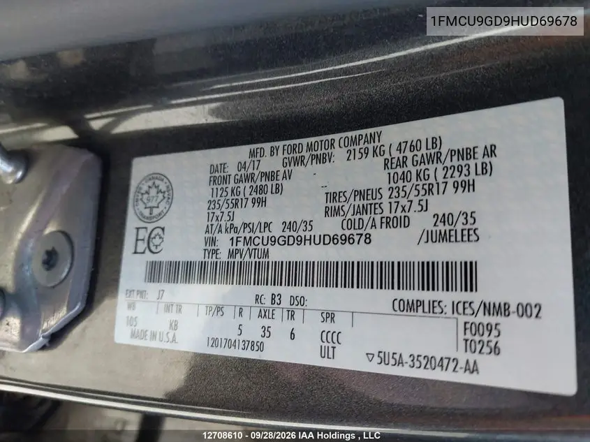 2017 FORD ESCAPE VIN 1FMCU9GD9HUD69678 — фото 18