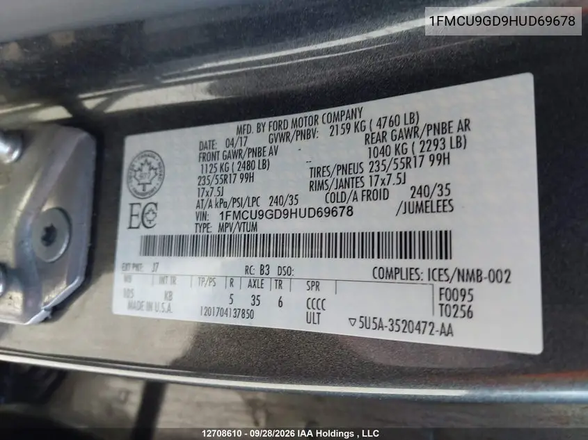 2017 FORD ESCAPE VIN 1FMCU9GD9HUD69678 — фото 9