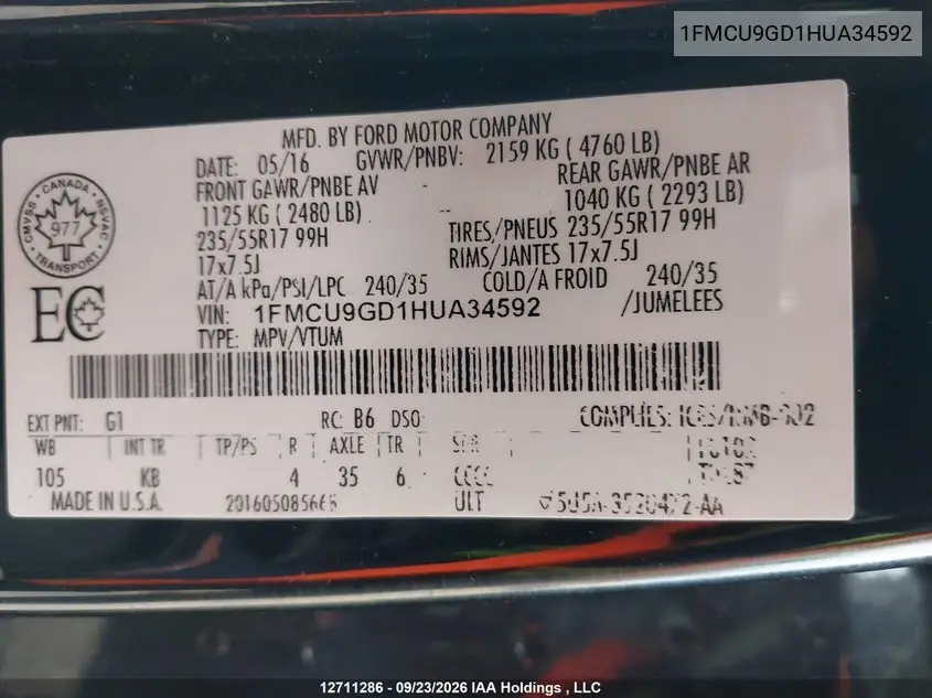 2017 FORD ESCAPE VIN 1FMCU9GD1HUA34592 — фото 19
