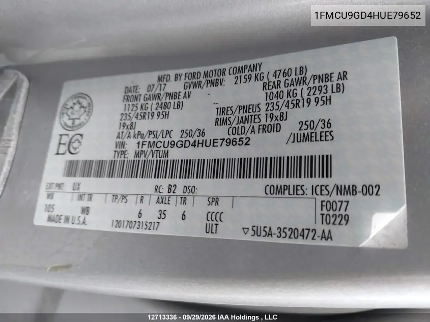2017 FORD ESCAPE VIN 1FMCU9GD4HUE79652 — фото 19